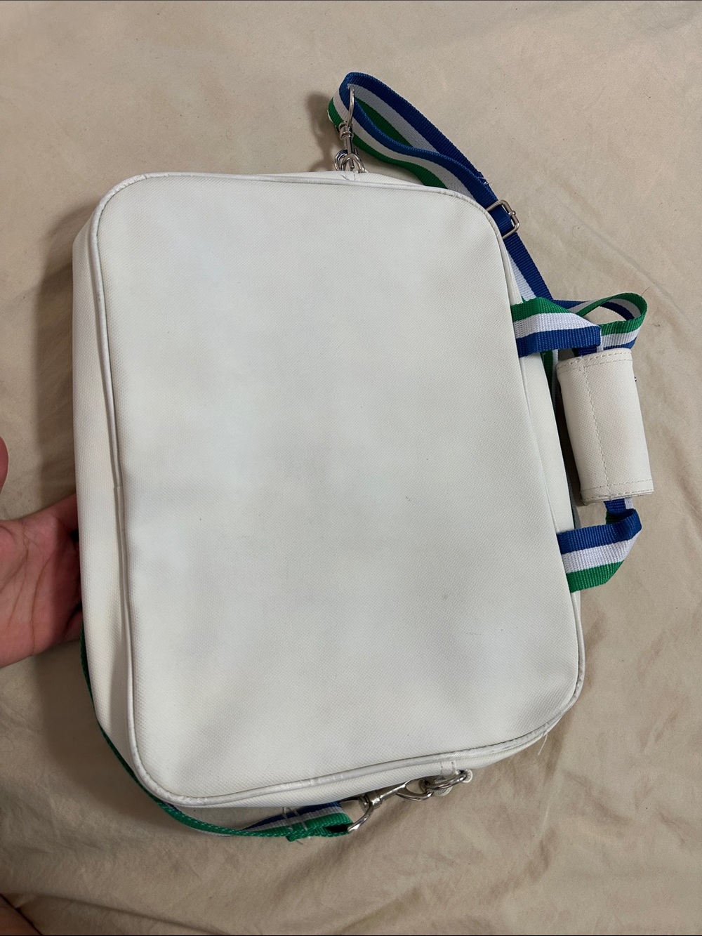 Lacoste White Laptop Bag with Green-Blue Striped Strap - Picture 8 of 9